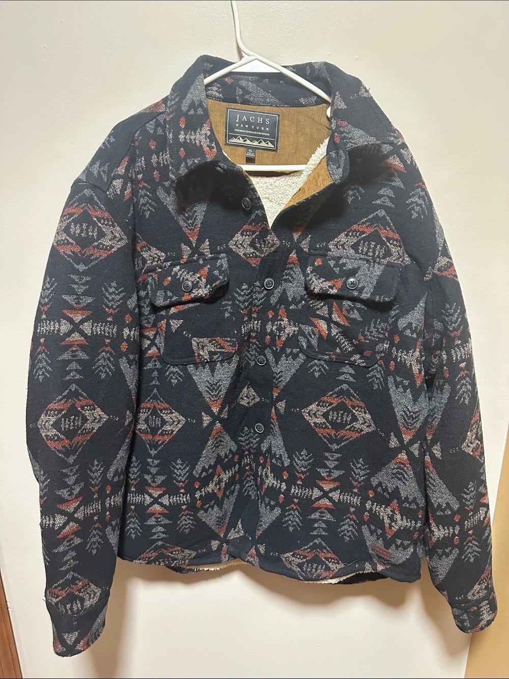 Jachs Men's Black Patterned Sherpa Shirt Jacket with Rust Accents